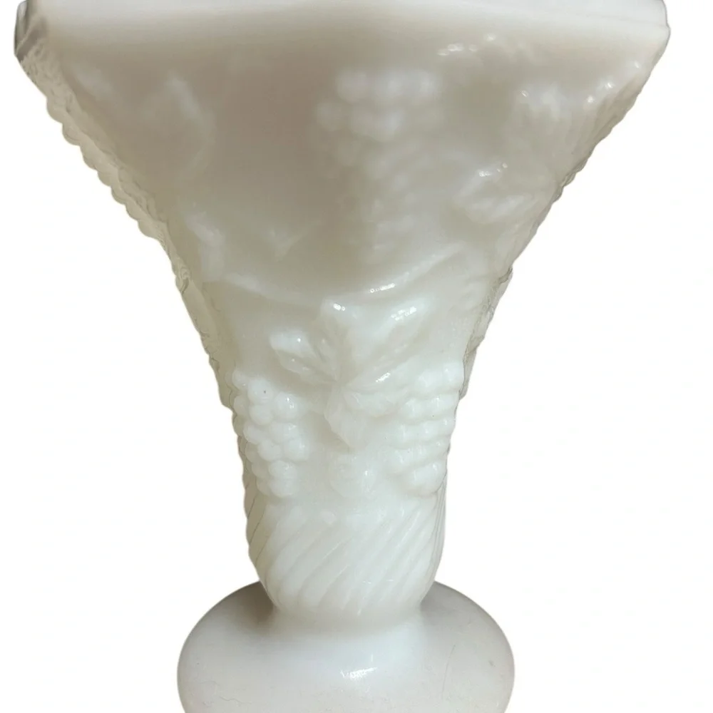 Vintage Milk Glass vase Grape Vine Scalloped Edge Fluted Pedestal